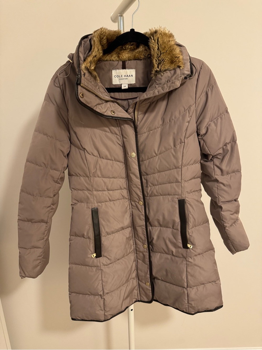Cole Haan Mauve Taupe Quilted Puffer Coat with Faux-Fur Hood Trim
